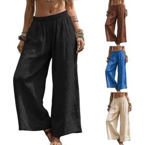 image:imageCHARTOU Womens Baggy Wide Leg Palazzo Pants Elastic High Waist Summer Beach Vacation Cotton Linen TrousersBlack