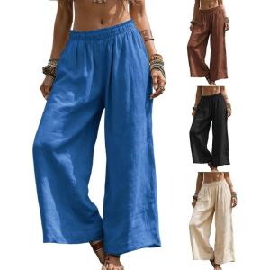 image:imageCHARTOU Womens Baggy Wide Leg Palazzo Pants Elastic High Waist Summer Beach Vacation Cotton Linen TrousersBlue