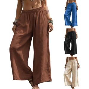 image:imageCHARTOU Womens Baggy Wide Leg Palazzo Pants Elastic High Waist Summer Beach Vacation Cotton Linen TrousersBrown
