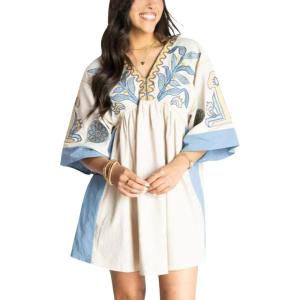 image:imageCHARTOU Womens Boho Linen Short Dress Baggy BatSleeve Babydoll Mini Dress Floral V Neck Beach Sun DressesBlue