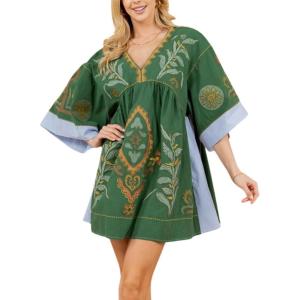 image:imageCHARTOU Womens Boho Linen Short Dress Baggy BatSleeve Babydoll Mini Dress Floral V Neck Beach Sun DressesDark Green
