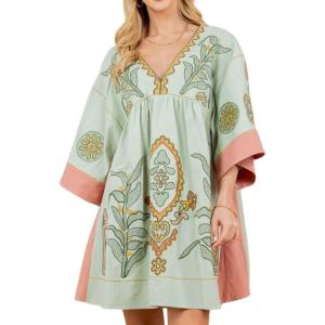 image:imageCHARTOU Womens Boho Linen Short Dress Baggy BatSleeve Babydoll Mini Dress Floral V Neck Beach Sun DressesGreen