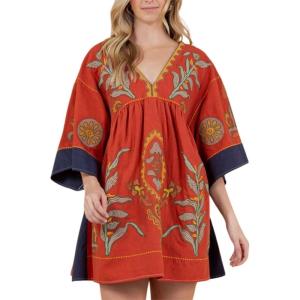 image:imageCHARTOU Womens Boho Linen Short Dress Baggy BatSleeve Babydoll Mini Dress Floral V Neck Beach Sun DressesOrange