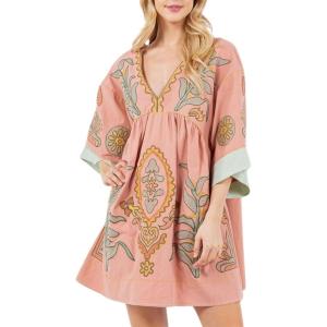 image:imageCHARTOU Womens Boho Linen Short Dress Baggy BatSleeve Babydoll Mini Dress Floral V Neck Beach Sun DressesPink