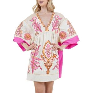 image:imageCHARTOU Womens Boho Linen Short Dress Baggy BatSleeve Babydoll Mini Dress Floral V Neck Beach Sun DressesWhite