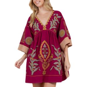 image:imageCHARTOU Womens Boho Linen Short Dress Baggy BatSleeve Babydoll Mini Dress Floral V Neck Beach Sun DressesWine Red