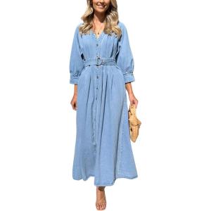 image:imageCHARTOU Womens Button Down Denim Dress Puff 34 Sleeve Long Jean Dresses Pleated V Neck Sundress with BeltBlue