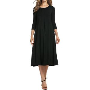 image:imageCHARTOU Womens Essential Pleated Flowy Tunic Midi Dress 34 Sleeve Modest Ruffle Swing DressBlack