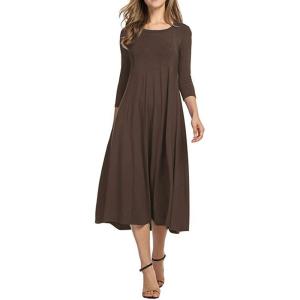 image:imageCHARTOU Womens Essential Pleated Flowy Tunic Midi Dress 34 Sleeve Modest Ruffle Swing DressCoffee