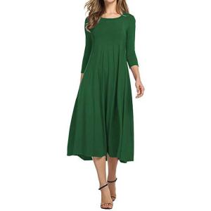 image:imageCHARTOU Womens Essential Pleated Flowy Tunic Midi Dress 34 Sleeve Modest Ruffle Swing DressDark Green