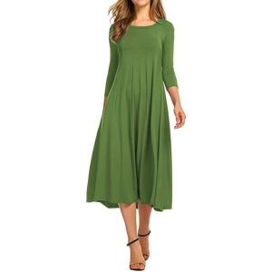 image:imageCHARTOU Womens Essential Pleated Flowy Tunic Midi Dress 34 Sleeve Modest Ruffle Swing DressOlive Green