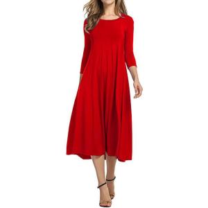 image:imageCHARTOU Womens Essential Pleated Flowy Tunic Midi Dress 34 Sleeve Modest Ruffle Swing DressRed