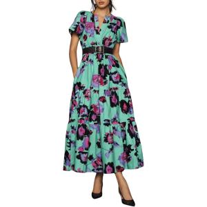 image:imageCHARTOU Womens Flowy Boho Long Stretch Short Sleeve High Waist Smock A Line Tiered DressCyan