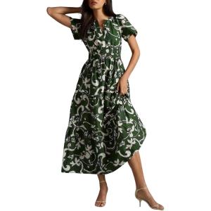 image:imageCHARTOU Womens Flowy Boho Long Stretch Short Sleeve High Waist Smock A Line Tiered DressDark Green