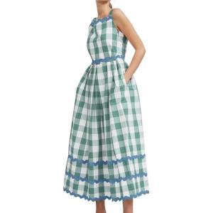 image:imageCHARTOU Womens Plaid Summer Dress Cute Sleeveless RIC Rac Cotton Vacation Long Flowy DressGreen