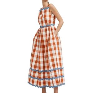 image:imageCHARTOU Womens Plaid Summer Dress Cute Sleeveless RIC Rac Cotton Vacation Long Flowy DressOrange