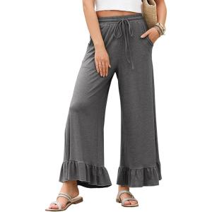image:imageCHARTOU Womens Ruffle Crop Baggy Wide Leg Pants Drawstring Elastic High Waist Palazzo Sweatpants with PocketsGrey