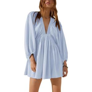 image:imageCHARTOU Womens Sexy V Neck Long Sleeve Mini Dress Tunic Babydoll Loose Flowy Swing Shift DressesBlue