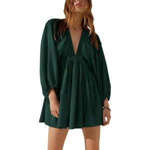 image:imageCHARTOU Womens Sexy V Neck Long Sleeve Mini Dress Tunic Babydoll Loose Flowy Swing Shift DressesGreen