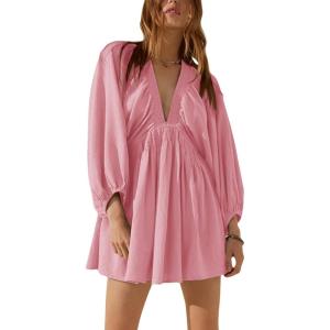 image:imageCHARTOU Womens Sexy V Neck Long Sleeve Mini Dress Tunic Babydoll Loose Flowy Swing Shift DressesPink