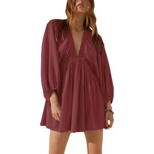 image:imageCHARTOU Womens Sexy V Neck Long Sleeve Mini Dress Tunic Babydoll Loose Flowy Swing Shift DressesRed