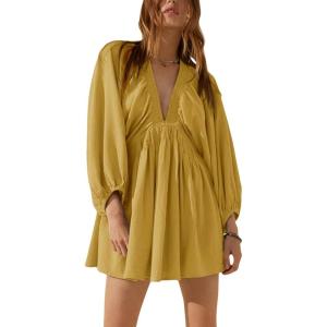 image:imageCHARTOU Womens Sexy V Neck Long Sleeve Mini Dress Tunic Babydoll Loose Flowy Swing Shift DressesYellow