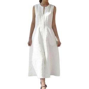 image:imageCHARTOU Womens Sleeveless Cotton Long Dress V Neck Slit A Line Midi Tank Sun Dress with BeltWhite