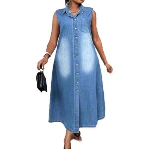 image:imageCHARTOU Womens Sleeveless Denim Shirt Dress Casual Lapel Collar Button Down Jean Long DressesBlue