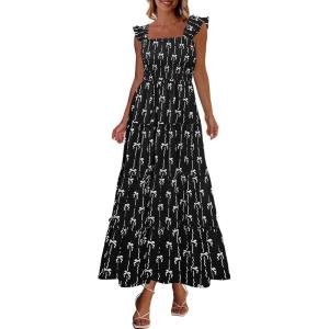 image:imageCHARTOU Womens Sleeveless Smocked Maxi Dress Long Flowy Tiered Dress Elegant Ruffle Boho SundressBlack