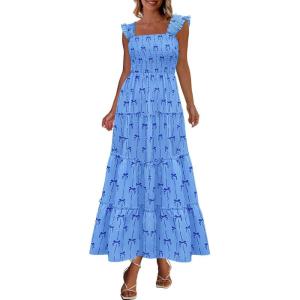 image:imageCHARTOU Womens Sleeveless Smocked Maxi Dress Long Flowy Tiered Dress Elegant Ruffle Boho SundressBlue