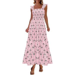 image:imageCHARTOU Womens Sleeveless Smocked Maxi Dress Long Flowy Tiered Dress Elegant Ruffle Boho SundressPink