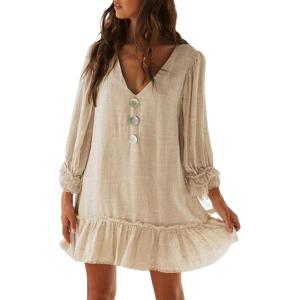 image:imageCHARTOU Womens Summer Cotton V Neck Bobydoll Dress Ruffle 34 Sleeve A Line Loose Beach Mini DressBeige