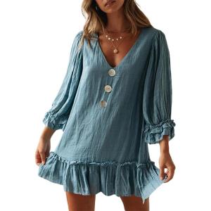 image:imageCHARTOU Womens Summer Cotton V Neck Bobydoll Dress Ruffle 34 Sleeve A Line Loose Beach Mini DressBlue