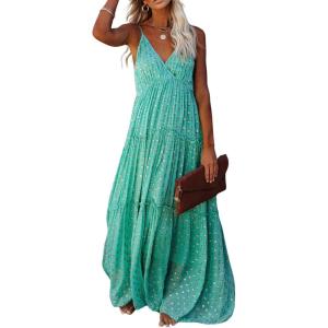 image:imageCHARTOU Womens Summer Maxi Dress Printed V Neck Dress Bohemian Spaghetti Strap Sleeveless Ruffle DressesGreen