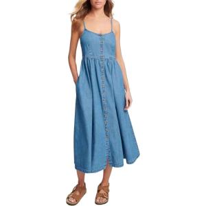 image:imageCHARTOU Womens Summer Spaghetti Strap Jean Midi Dress Full Buttons Pleated Blue Denim Dress with PocketsBlue