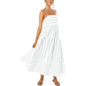 image:imageCHARTOU Womens Summer Spaghetti Strap Striped Maxi Long Dress Sleeveless Smocked Cut Out Swing DressBlue Stripes
