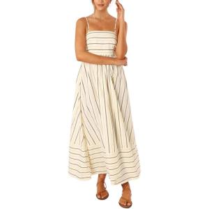 image:imageCHARTOU Womens Summer Spaghetti Strap Striped Maxi Long Dress Sleeveless Smocked Cut Out Swing DressWhite