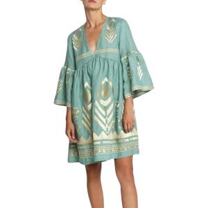 image:imageCHARTOU Womens V Neck Ruffle 34 Sleeve Babydoll Mini Dress Boho Beach Floral Summer DressCyan