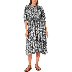 image:imageCHARTOU Womens Vintage Floral 34 Sleeve Ruffle Midi Long Dress V Neck Tie Knot Beach Flowy Swing SundressBlack