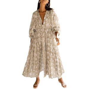 image:imageCHARTOU Womens Vintage Floral 34 Sleeve Ruffle Midi Long Dress V Neck Tie Knot Beach Flowy Swing SundressGray