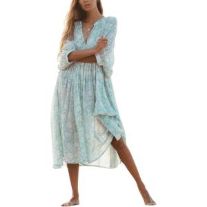 image:imageCHARTOU Womens Vintage Floral 34 Sleeve Ruffle Midi Long Dress V Neck Tie Knot Beach Flowy Swing SundressLight Green