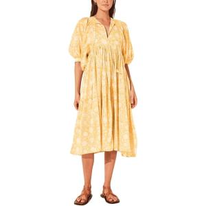 image:imageCHARTOU Womens Vintage Floral 34 Sleeve Ruffle Midi Long Dress V Neck Tie Knot Beach Flowy Swing SundressYellow