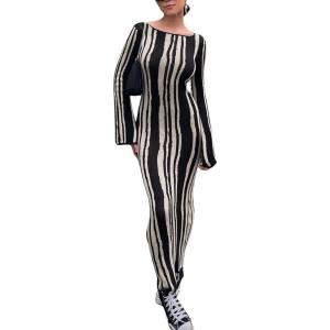 image:imageCHARTOU Womens Y2K Vertical Striped Flare Long Sleeve Dress Bodycon Crew Neck Cotton Pencil Maxi Dresses