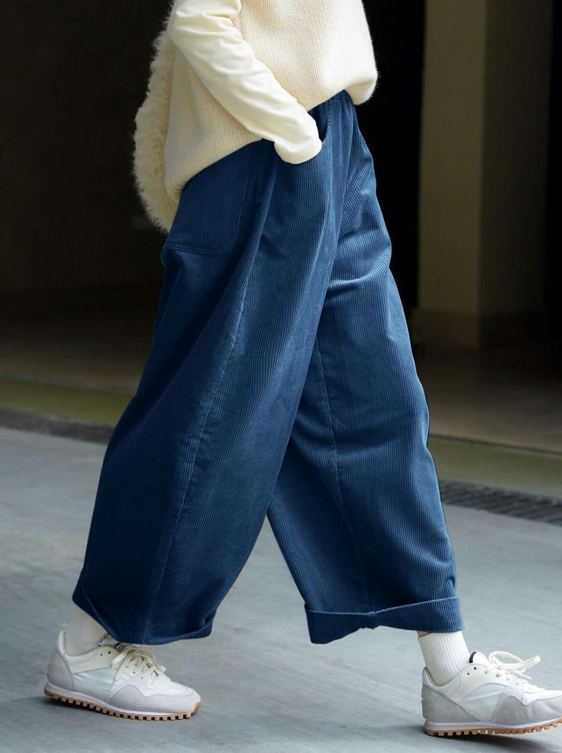 image:imageCHARTOU Women Corduroy Barrel Pants Wide Leg Vintage Mid Rise Y2k Baggy Boyfriend PantsBlue