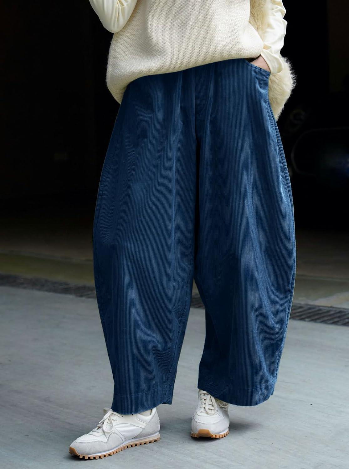 image:imageCHARTOU Women Corduroy Barrel Pants Wide Leg Vintage Mid Rise Y2k Baggy Boyfriend PantsBlue