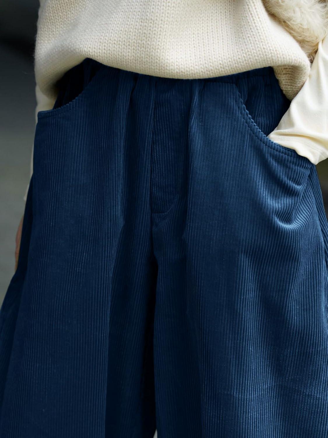 image:imageCHARTOU Women Corduroy Barrel Pants Wide Leg Vintage Mid Rise Y2k Baggy Boyfriend PantsBlue