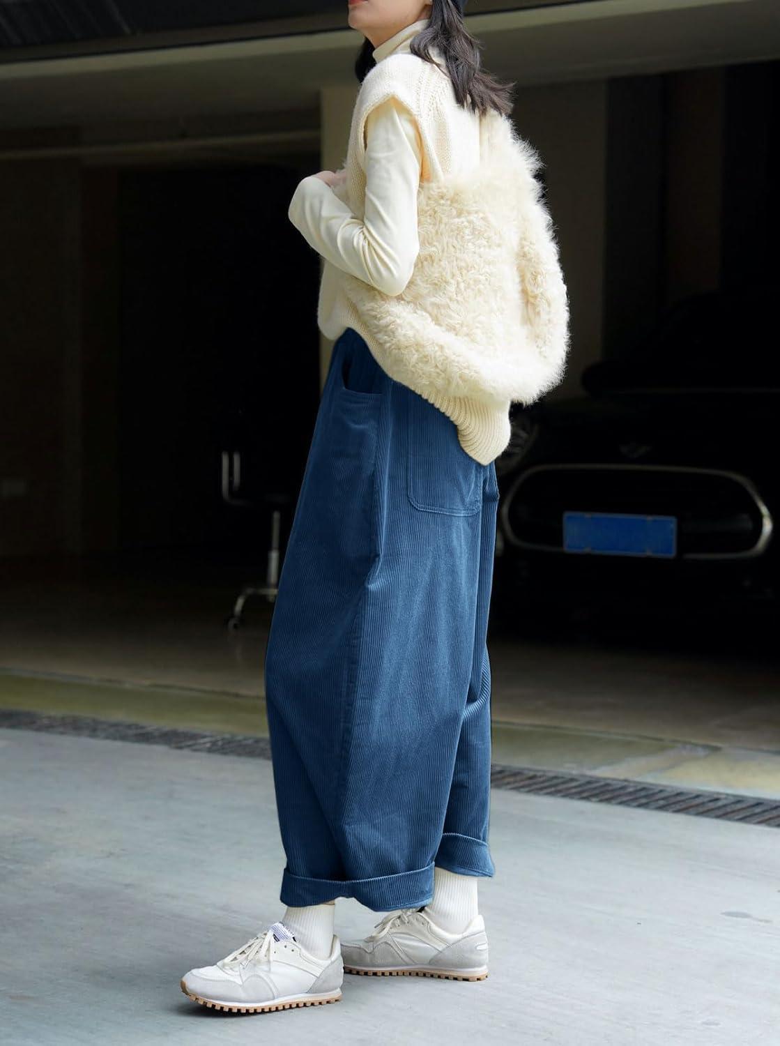 image:imageCHARTOU Women Corduroy Barrel Pants Wide Leg Vintage Mid Rise Y2k Baggy Boyfriend PantsBlue