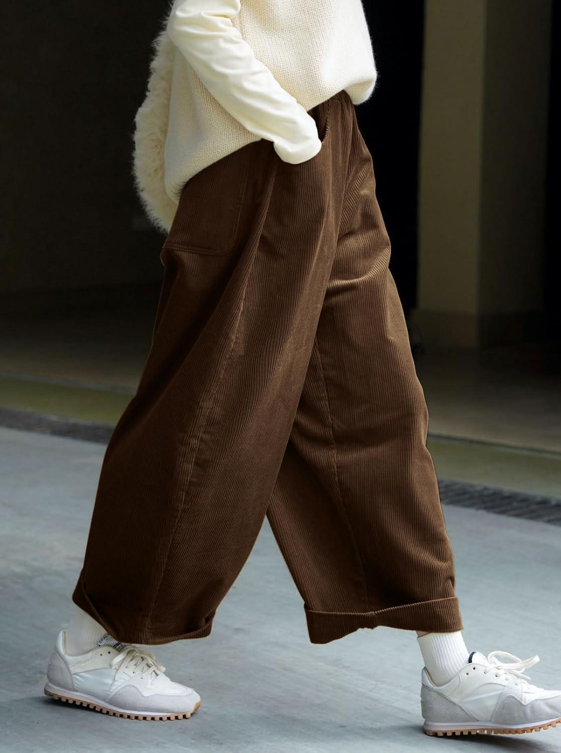 image:imageCHARTOU Women Corduroy Barrel Pants Wide Leg Vintage Mid Rise Y2k Baggy Boyfriend PantsBrown