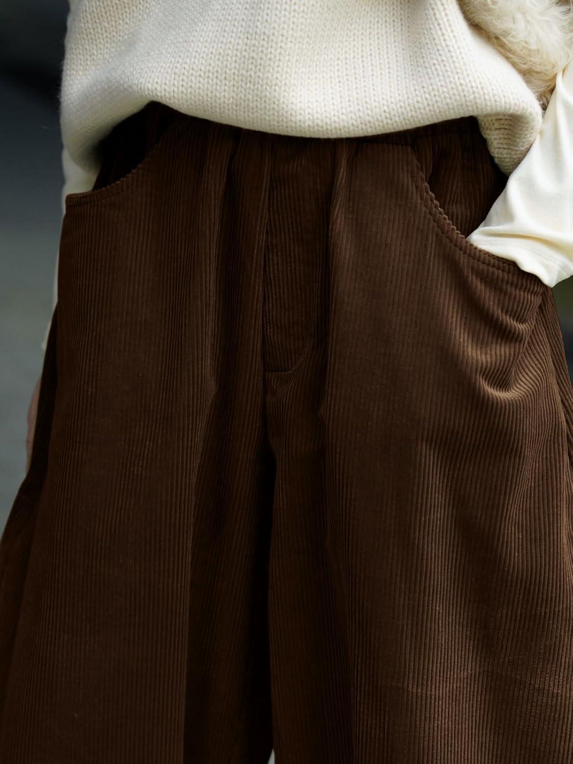 image:imageCHARTOU Women Corduroy Barrel Pants Wide Leg Vintage Mid Rise Y2k Baggy Boyfriend PantsBrown