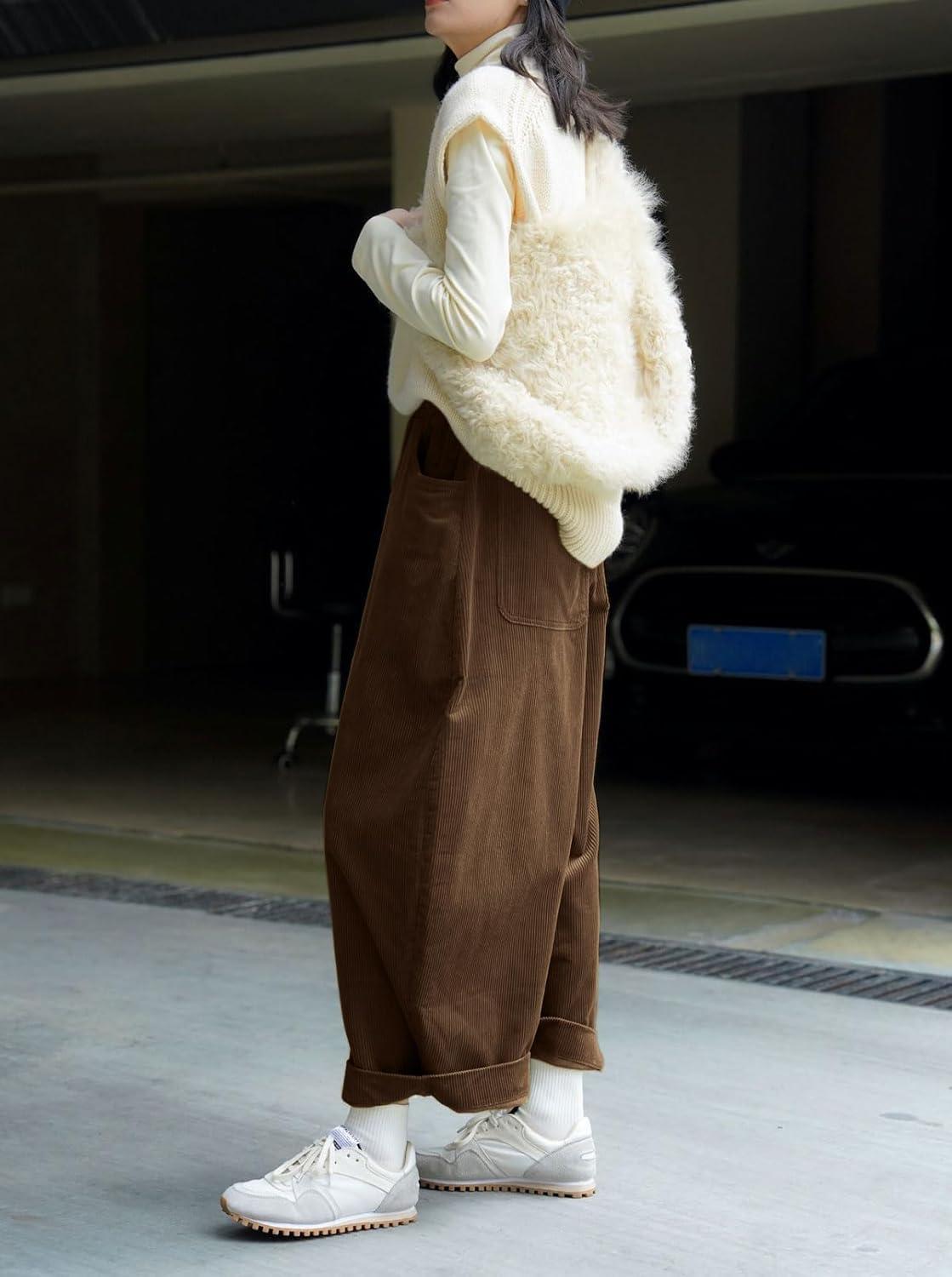 image:imageCHARTOU Women Corduroy Barrel Pants Wide Leg Vintage Mid Rise Y2k Baggy Boyfriend PantsBrown